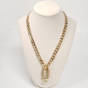 Authentic Louis Vuitton Padlock Gold Pendant with Fashion Cuban Plated Chain